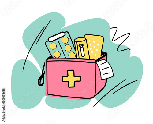 A red first aid kit filled with bandages, antiseptic, and pain relievers, isolated on white background.
