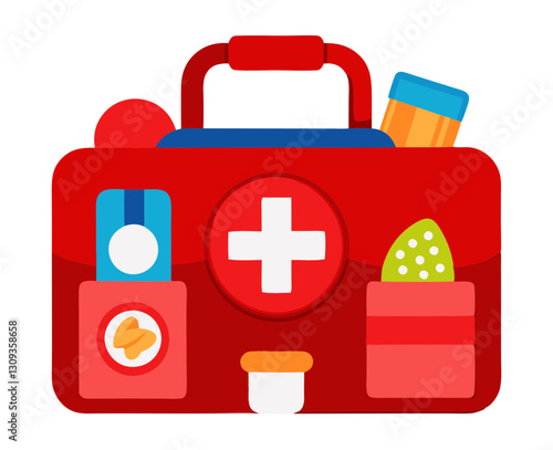 A red first aid kit filled with bandages, antiseptic, and pain relievers, isolated on white background.
