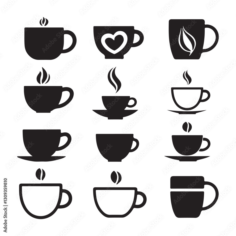 This image features a collection of various coffee and tea cups and mugs, shown in silhouette. This image features a collection of various coffee and tea cups and mugs, shown in silhouette.