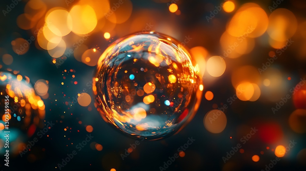 A captivating close-up of a glass sphere reflecting a myriad of sparkling lights in a mesmerizing abstract display A captivating close-up of a glass sphere reflecting a myriad of sparkling lights in a mesmerizing abstract display