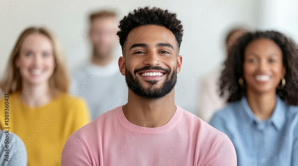 career advancement promotion training, Smiling man in a diverse group, exuding positivity and engagement in a professional setting. career advancement promotion training, Smiling man in a diverse group, exuding positivity and engagement in a professional setting.