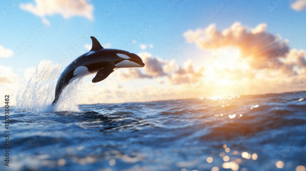 Obraz premium Orca whale leaping from ocean during sunset.