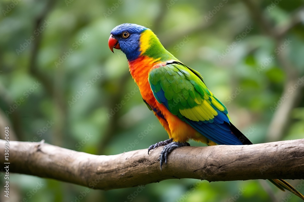 A colorful parrot perched on a wooden branch with a blurred jungle background. A colorful parrot perched on a wooden branch with a blurred jungle background.