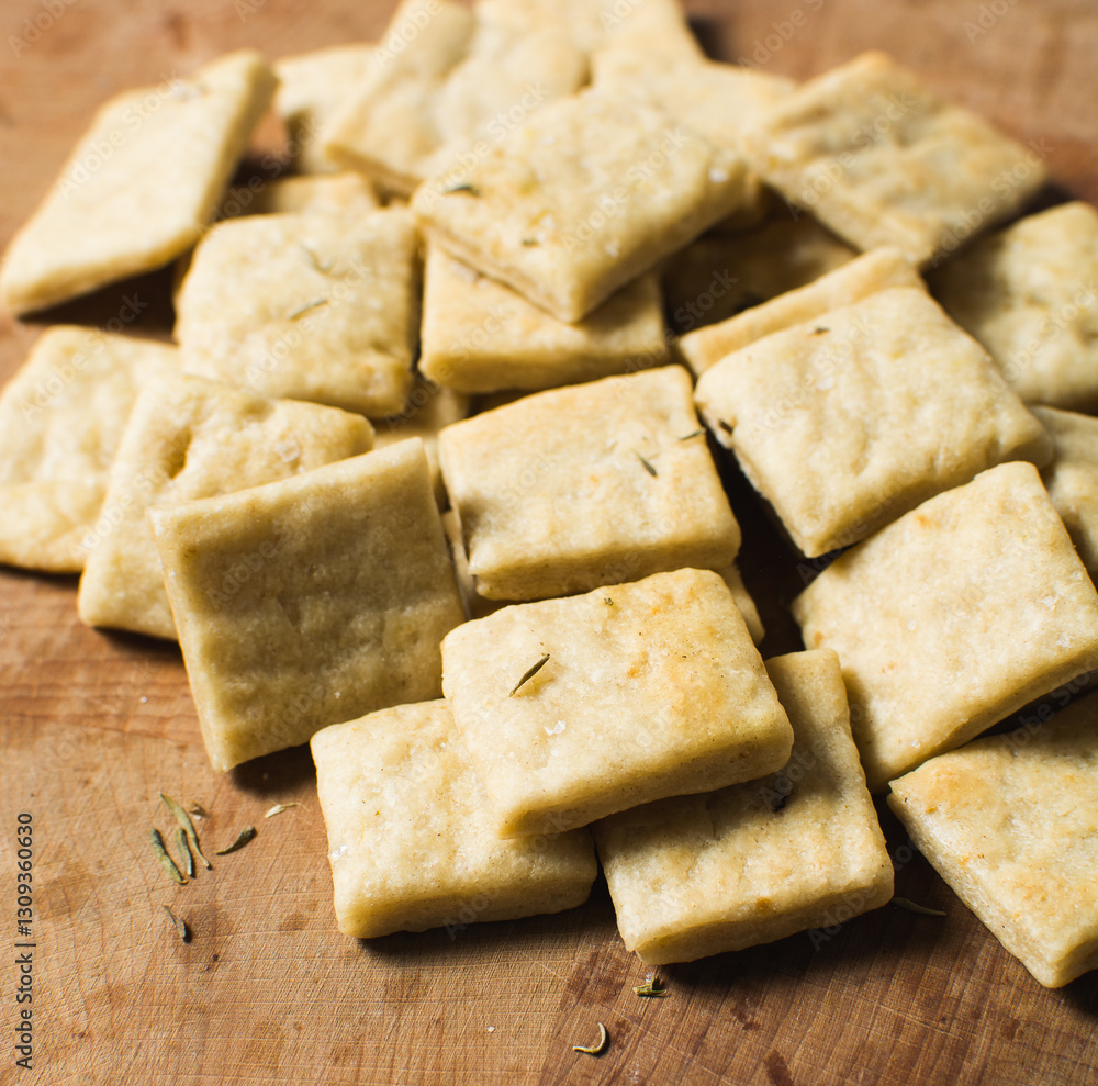 Overhead view of homemade crackers on a wood countertop, top view of freshly baked cracker biscuits, process of making crackers Overhead view of homemade crackers on a wood countertop, top view of freshly baked cracker biscuits, process of making crackers