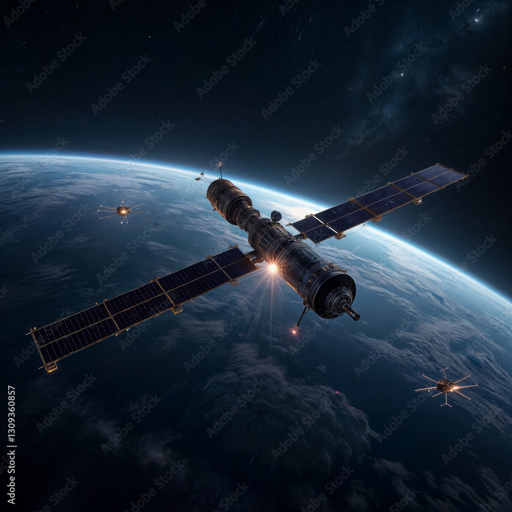 Naklejka premium Un satélite artificial está volando en el espacio.Un universo hermoso