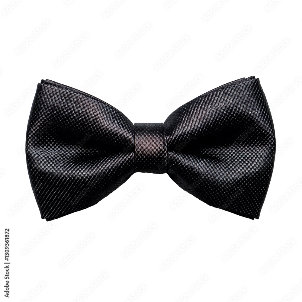 The bow tie is a black, textured fabric with a unique weave pattern. The bow tie is a black, textured fabric with a unique weave pattern.