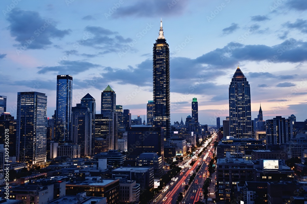 Fototapeta premium A busy cityscape at dusk with skyscrapers lit up and traffic streaks on the streets below.