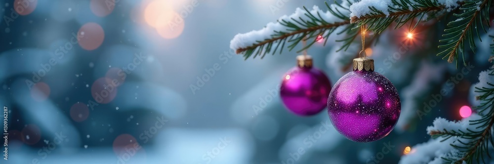 Fototapeta premium Twinkling purple ornaments hang from frosted pine branches, winter, holly, sparkle