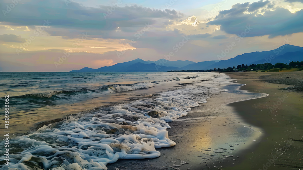 Fototapeta premium A scenic view of a beach at evening, with gentle sea waves, distant mountains, and a tranquil sunset sky.