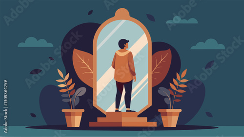 A wood carving of a person standing in front of a large ornately designed mirror the theme of reflection highlighting the importance of selfcare and. Vector illustration
