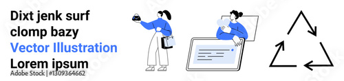 Two individuals collaborating with data, sharing, and reviewing workflow. Arrow cycle symbolizing iterative processes. Ideal for teamwork, collaboration, workflow, education, analysis recycling
