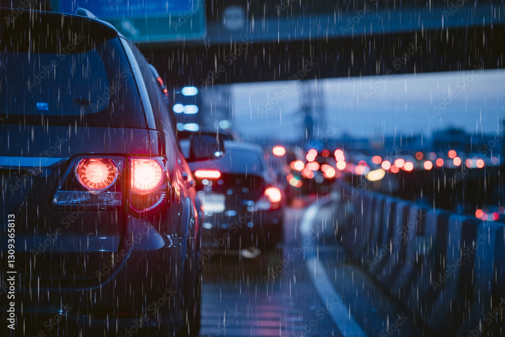 Fototapeta premium Traffic jam in evening with storm raining. people stuck on heavy traffic wet rain road in Bangkok