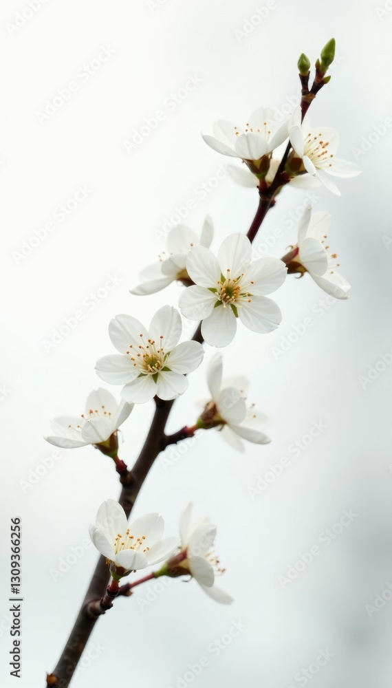 Twig with small white flowers on white background, spring, trees, nature Twig with small white flowers on white background, spring, trees, nature