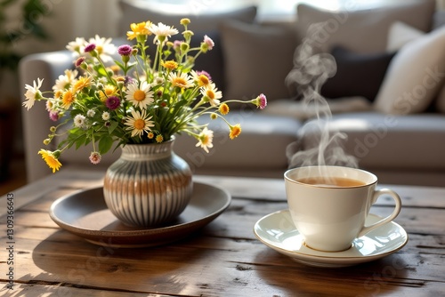 Wallpaper Mural A rustic coffee table with a vase of wildflowers and a steaming teacup in soft morning light. Torontodigital.ca