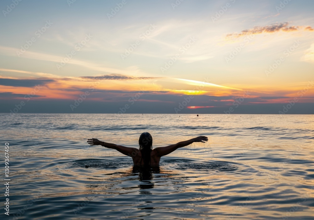 Woman enjoying a serene sunset swim in the ocean with open arms Woman enjoying a serene sunset swim in the ocean with open arms