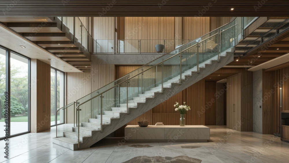 Fototapeta premium Modern Staircase, Spacious Lobby, Light-Filled Home