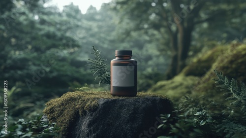 Herbal supplement bottle on mossy rock in serene forest, natural medicine concept