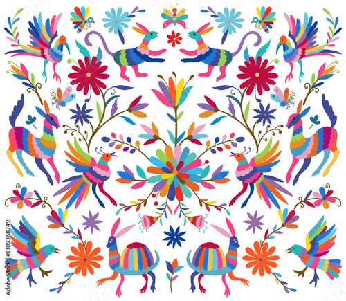 Vector Seamless Mexican Otomi Style Bright Pattern. Seamless pattern with birds and flowers on white background