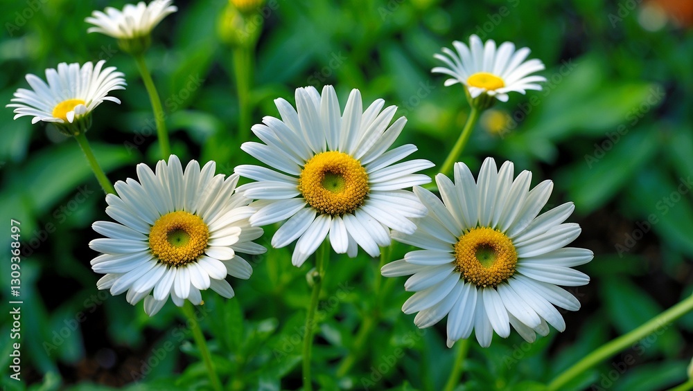 Delicate white daisies blooming in lush garden Delicate white daisies blooming in lush garden