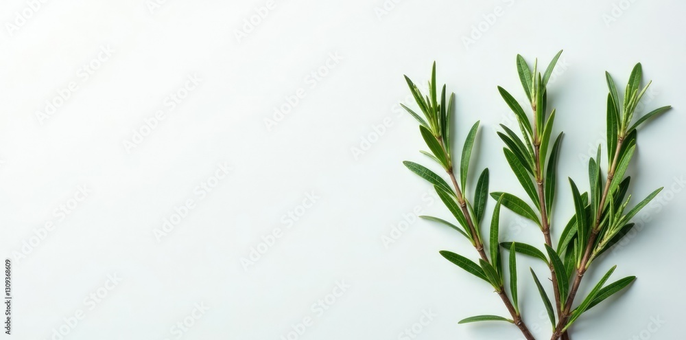 Fototapeta premium Sprigs of rosemary against a clean white backdrop, greenery, ornamental