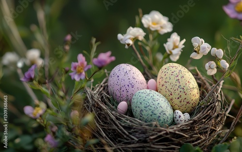 Colorful Easter Eggs In A Nest With Flowers