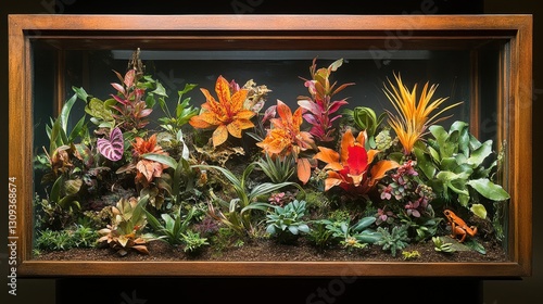 Tropical terrarium display in wooden frame photo