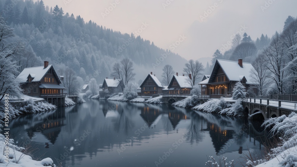 Fototapeta premium Winter Village Reflects on Calm Lake