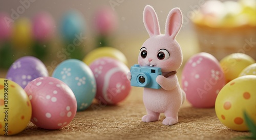 Wallpaper Mural Pink Bunny Holding Camera Surrounded by Decorated Easter Eggs Spring Holiday Torontodigital.ca