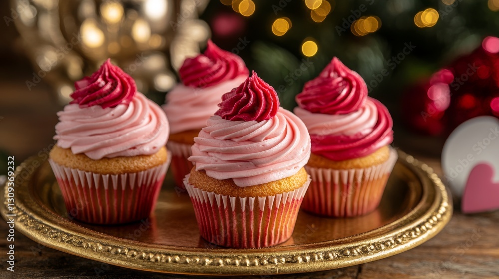 Pink and Red Velvet Cupcakes on Gold Plate Pink and Red Velvet Cupcakes on Gold Plate