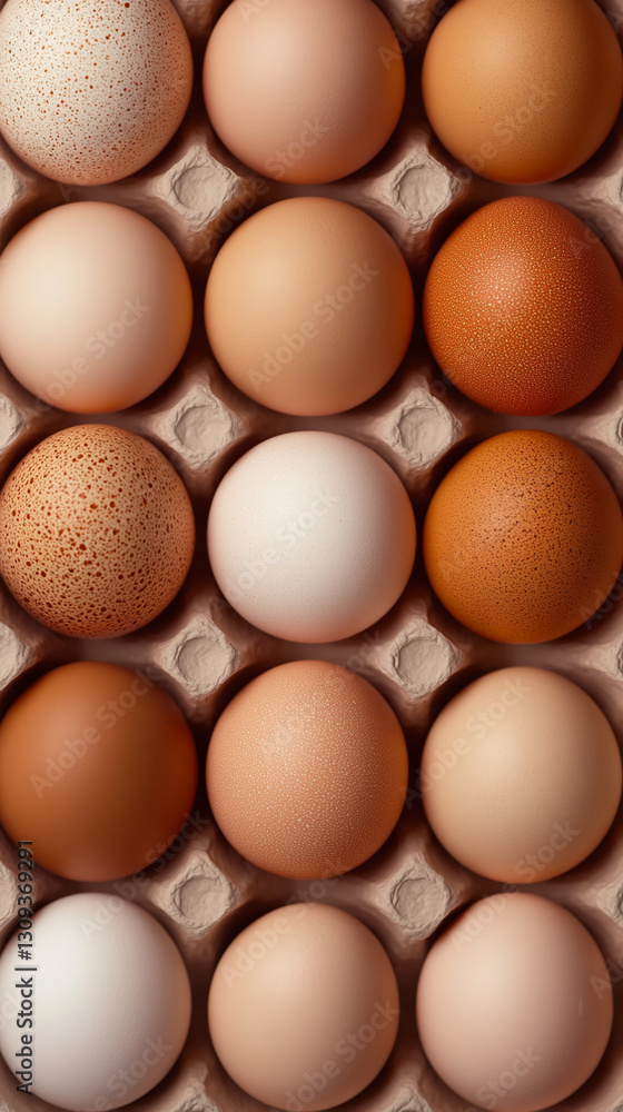 Close-up of various-toned eggs in cardboard carton, showcasing natural color variations, representing freshness and farm-to-table concept Close-up of various-toned eggs in cardboard carton, showcasing natural color variations, representing freshness and farm-to-table concept