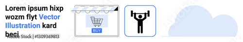 Digital storefront with shopping cart, weightlifter icon, and cloud graphic. Ideal for e-commerce, fitness, technology, customer service, retail, logistics and lifestyle themes on a flat landing
