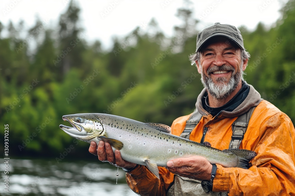 Man proudly holds fresh caught wild salmon by river, showcasing his fishing success in lush green environment. His joyful expression reflects thrill of catch Man proudly holds fresh caught wild salmon by river, showcasing his fishing success in lush green environment. His joyful expression reflects thrill of catch