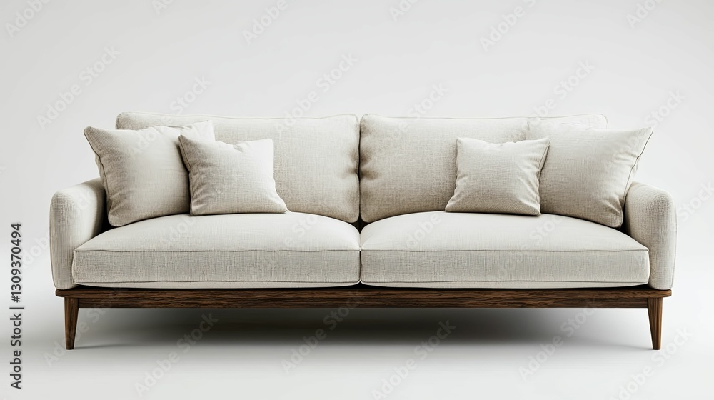 Elegant Beige Sofa With Wooden Base And Cushions Elegant Beige Sofa With Wooden Base And Cushions
