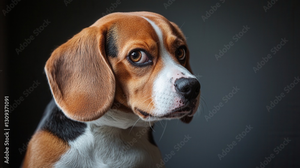 Comedic pet expressions concept. Beagle dog with a thoughtful expression against a dark background Comedic pet expressions concept. Beagle dog with a thoughtful expression against a dark background