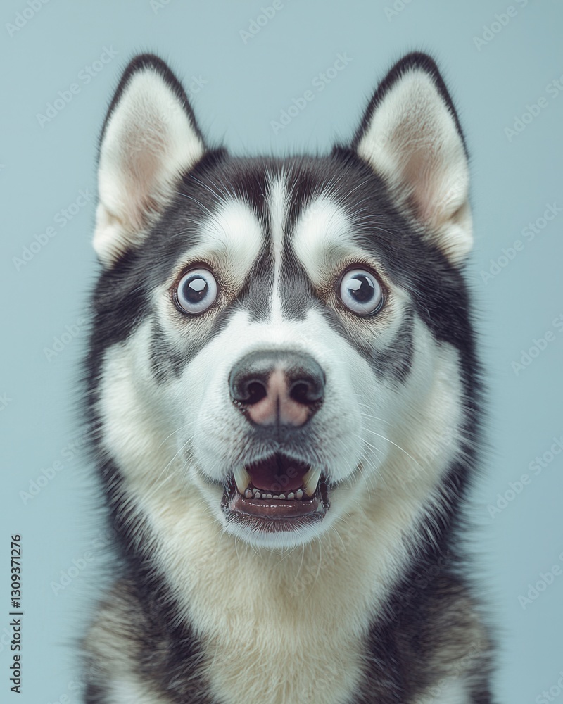 Obraz premium Comedic pet expressions concept. Husky dog with expressive eyes and a surprised expression