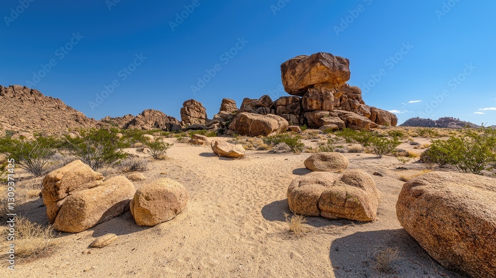 Huge desert boulders under a clear blue sky, showcasing the beauty of natures raw formations. Huge desert boulders under a clear blue sky, showcasing the beauty of natures raw formations.