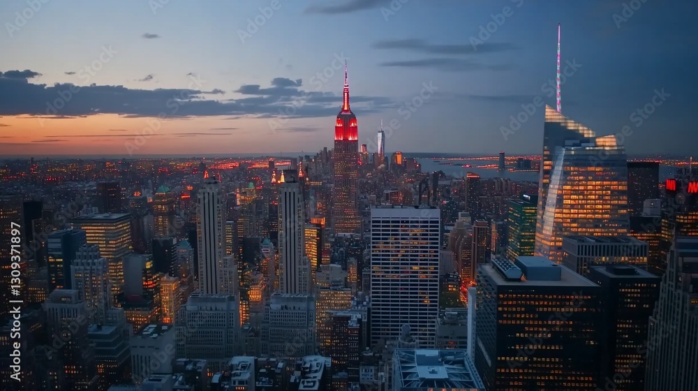 Obraz premium Manhattan Skyline at Sunset: A Breathtaking Aerial View of Iconic NYC Architecture