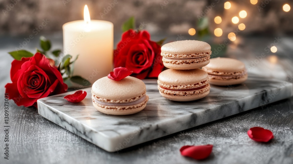 Elegant Beige Macarons with Red Roses and Candle Elegant Beige Macarons with Red Roses and Candle