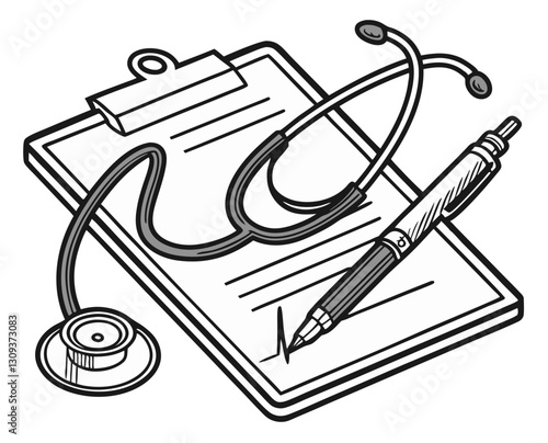 A stethoscope placed on a medical clipboard with a pen, isolated on white background.
