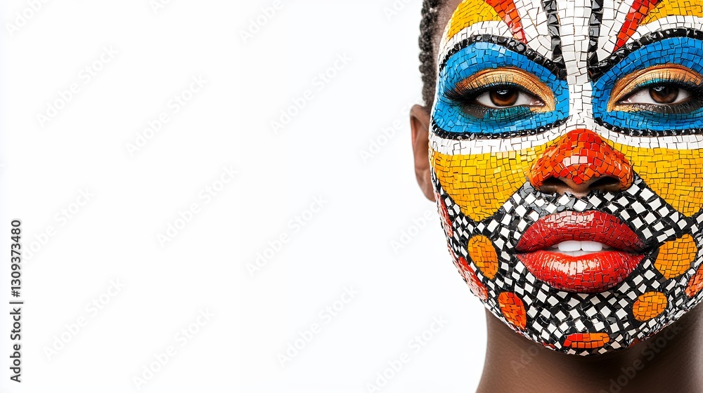 Close Up Portrait of a Young Woman with Multicolored Geometric Face Paint Close Up Portrait of a Young Woman with Multicolored Geometric Face Paint