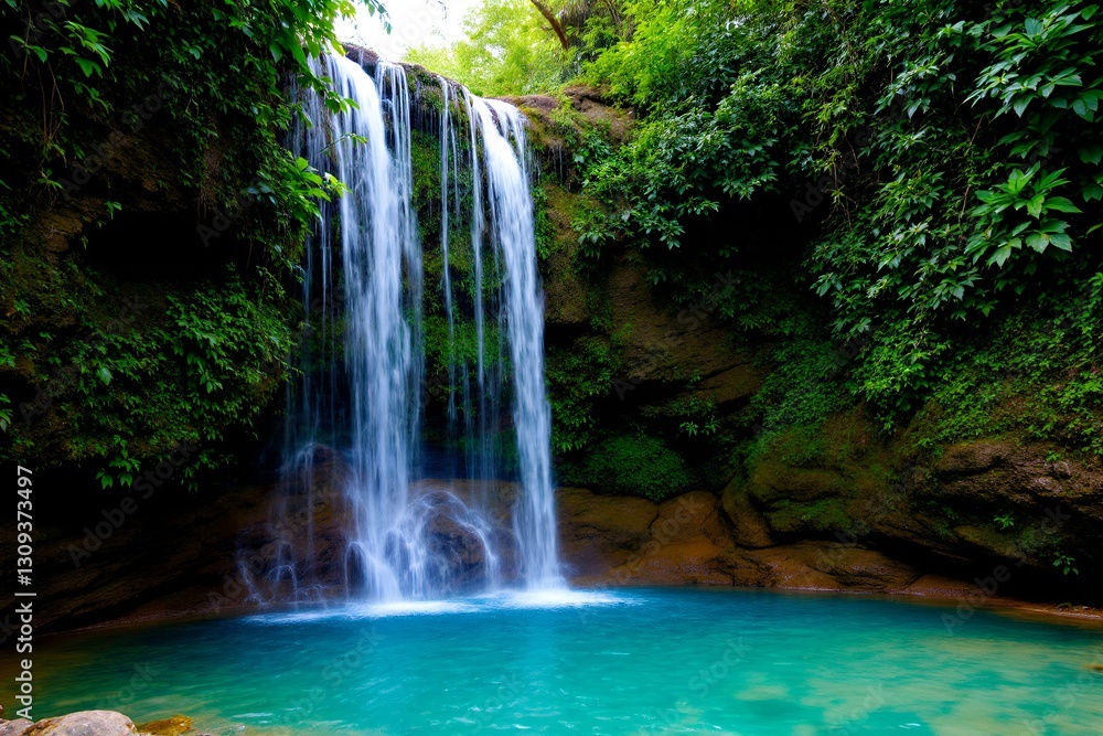 Fototapeta premium A serene waterfall cascading into a crystal-clear pool surrounded by lush greenery.