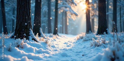 Snowflakes gently fall on frozen forest floor, silence, stillness, forestpath photo