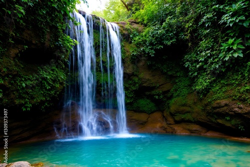 93. A serene waterfall cascading into a crystal-clear pool surrounded by lush greenery.