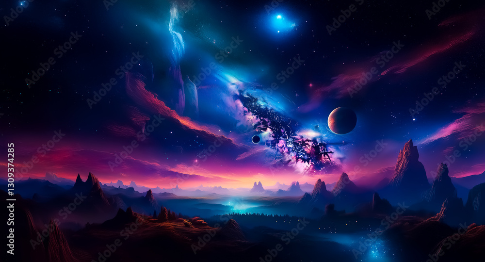 Vibrant abstract background of a cosmic landscape with a nebula and planet in a colorful scene. Dramatic mountains rise under a starry sky with a celestial glow. Vibrant abstract background of a cosmic landscape with a nebula and planet in a colorful scene. Dramatic mountains rise under a starry sky with a celestial glow.
