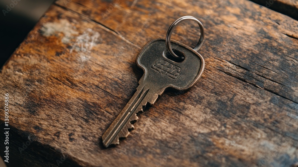 Old key rests on wooden surface.  Security, home, access, background