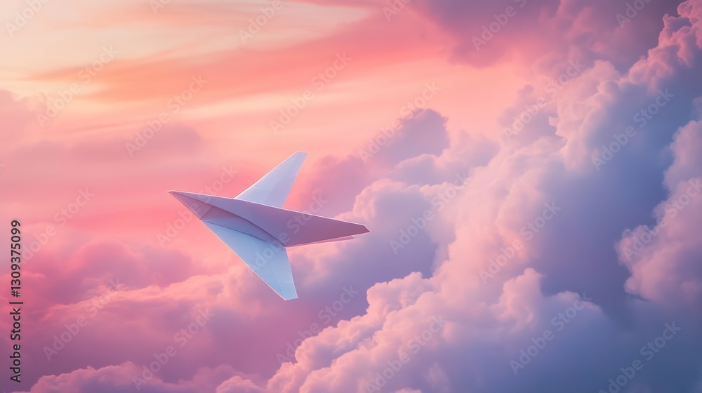 Fototapeta premium Paper Airplane Soaring Through Pink Sunset Clouds