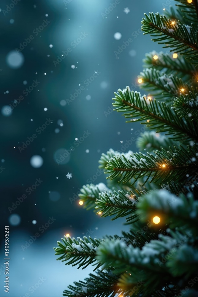 Snowflakes gently falling on a Christmas tree, snowflakes, peaceful, evergreen Snowflakes gently falling on a Christmas tree, snowflakes, peaceful, evergreen
