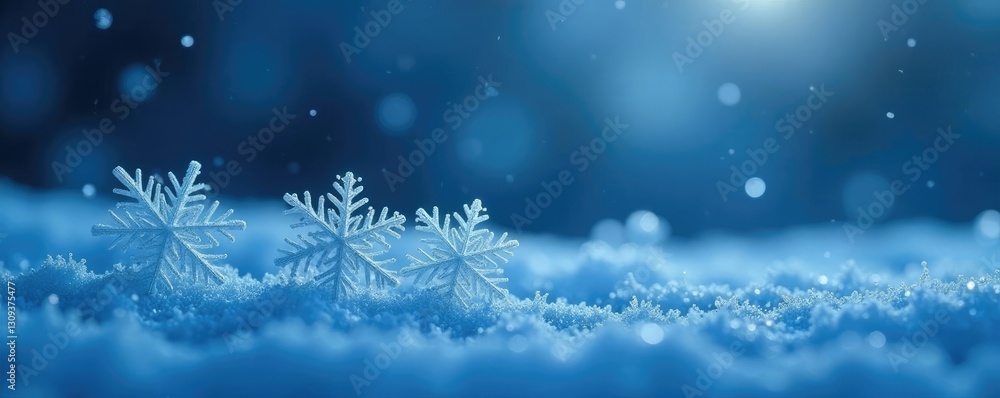Snowflakes float serenely on a canvas of deep blue, their delicate forms shimmering in the soft light, peaceful landscape, serene, frozen moment Snowflakes float serenely on a canvas of deep blue, their delicate forms shimmering in the soft light, peaceful landscape, serene, frozen moment