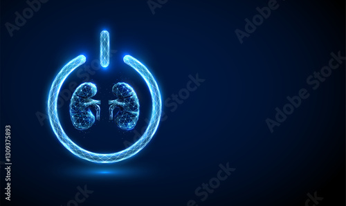 Abstract blue human kidneys inside a power button. Human health protection concept Low poly futuristic digital technology neon style.