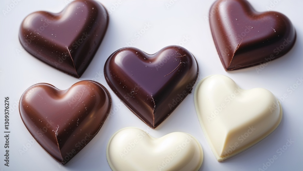 Assorted heart-shaped chocolates displayed on a white surface for a romantic treat or celebration Assorted heart-shaped chocolates displayed on a white surface for a romantic treat or celebration